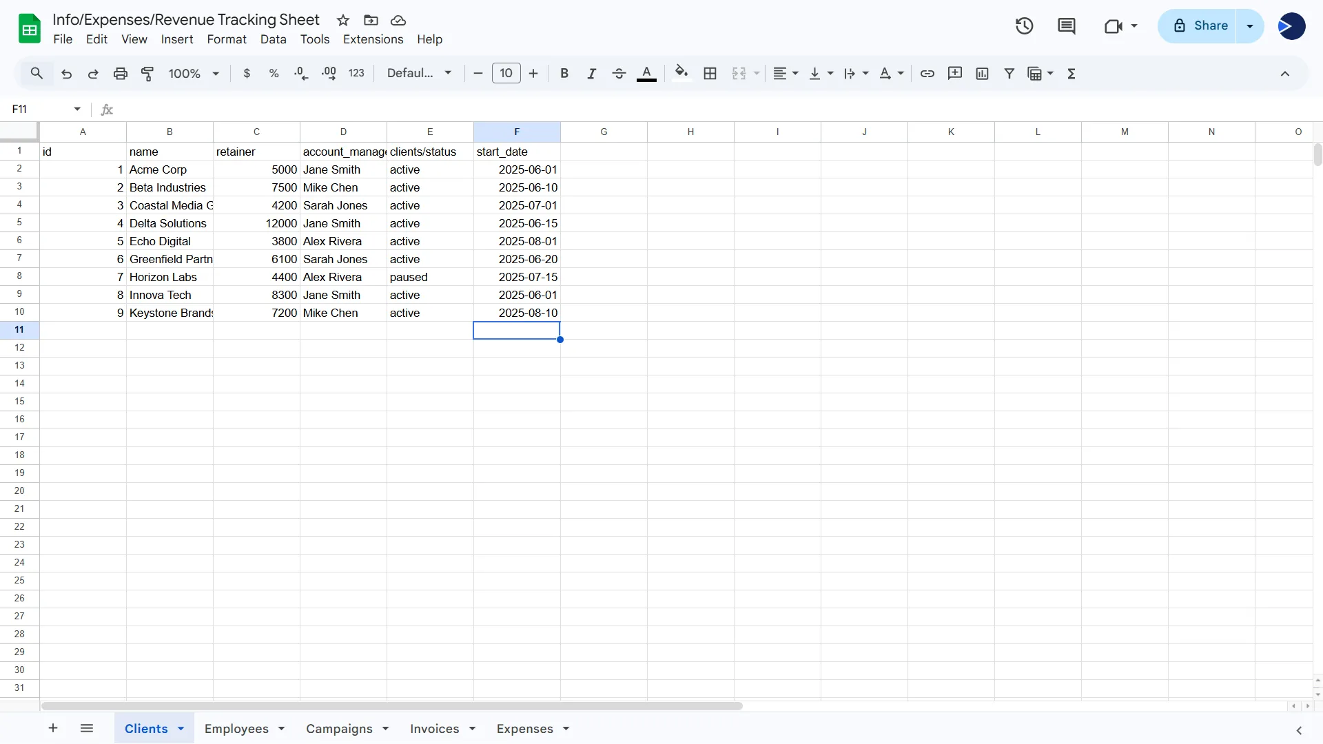 Client master list spreadsheet