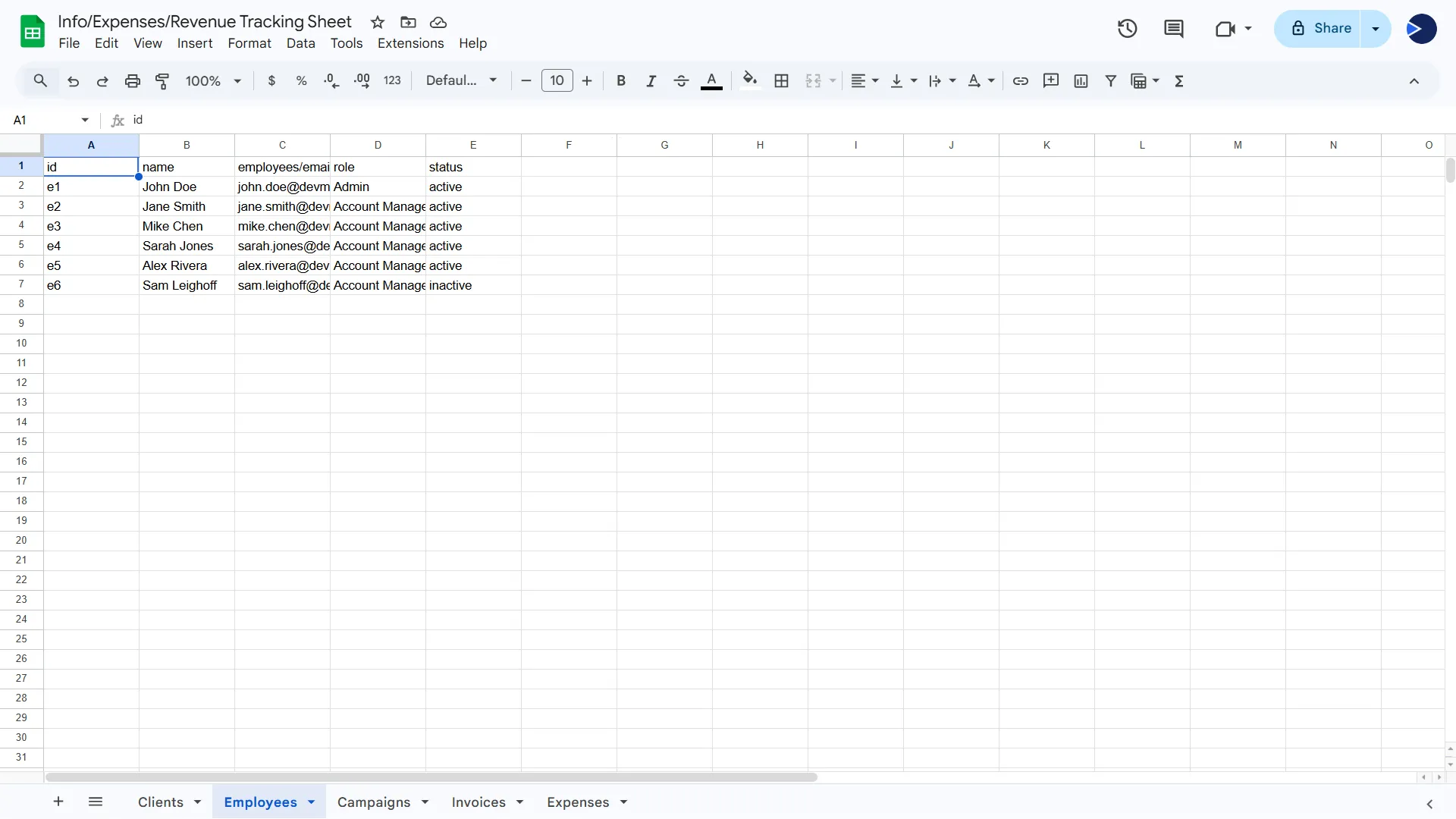 Employee data spreadsheet