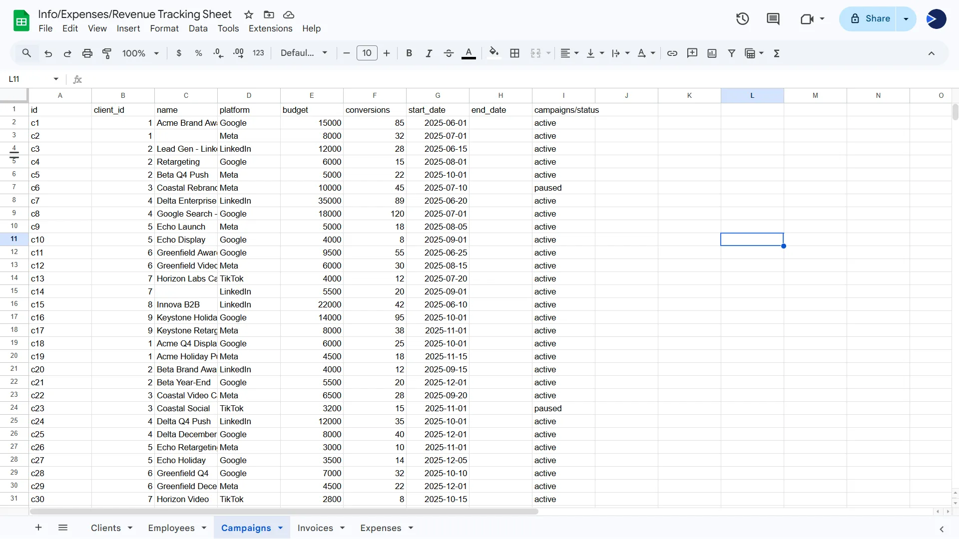 Campaign tracking spreadsheet