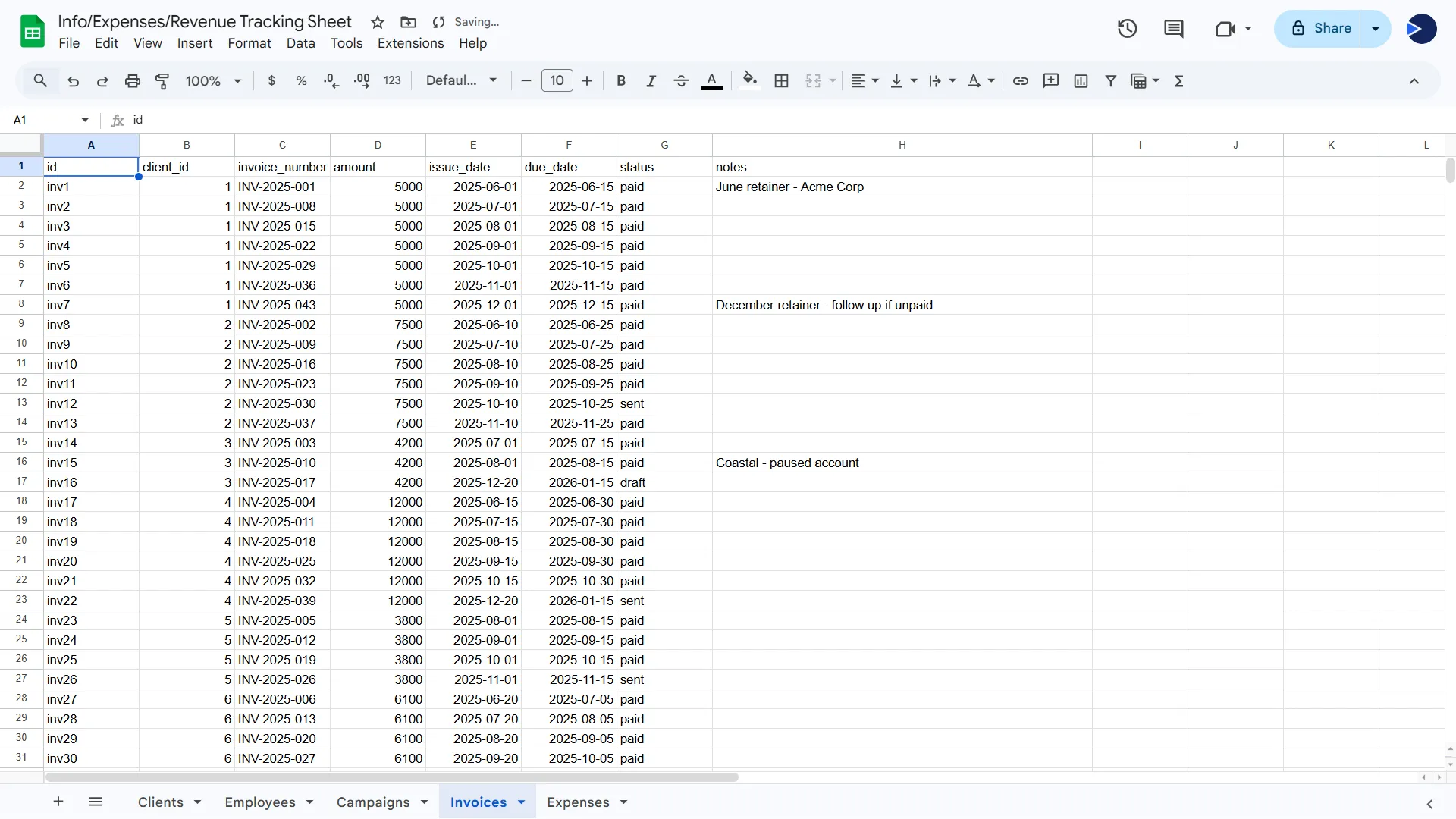 Invoice tracking spreadsheet